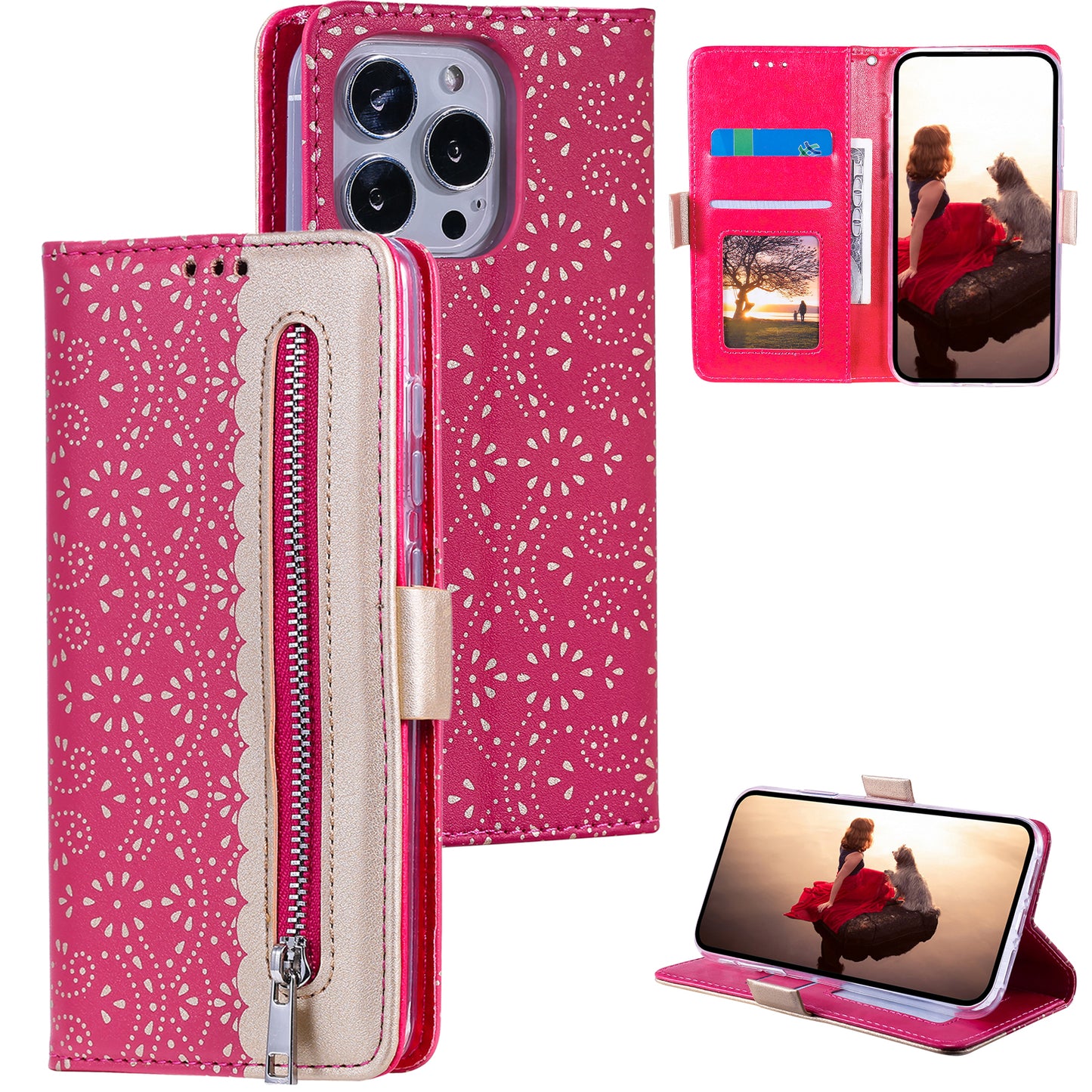 Uniqkart for iPhone 15 Ultra Lace Flower Pattern Zipper Wallet Phone Case Stand Leather Cover with Bowknot Wrist Strap - Rose