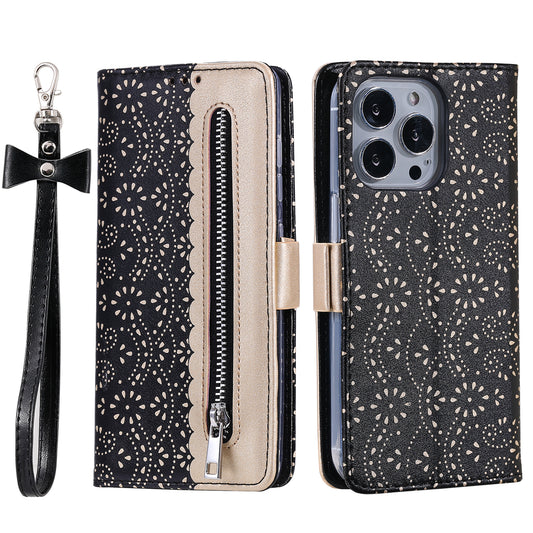 Uniqkart for iPhone 15 Ultra Lace Flower Pattern Zipper Wallet Phone Case Stand Leather Cover with Bowknot Wrist Strap - Black