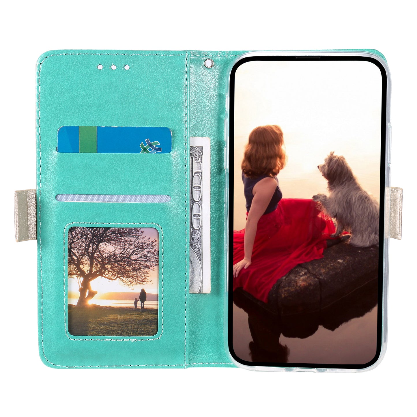 Uniqkart for iPhone 15 Ultra Lace Flower Pattern Zipper Wallet Phone Case Stand Leather Cover with Bowknot Wrist Strap - Green