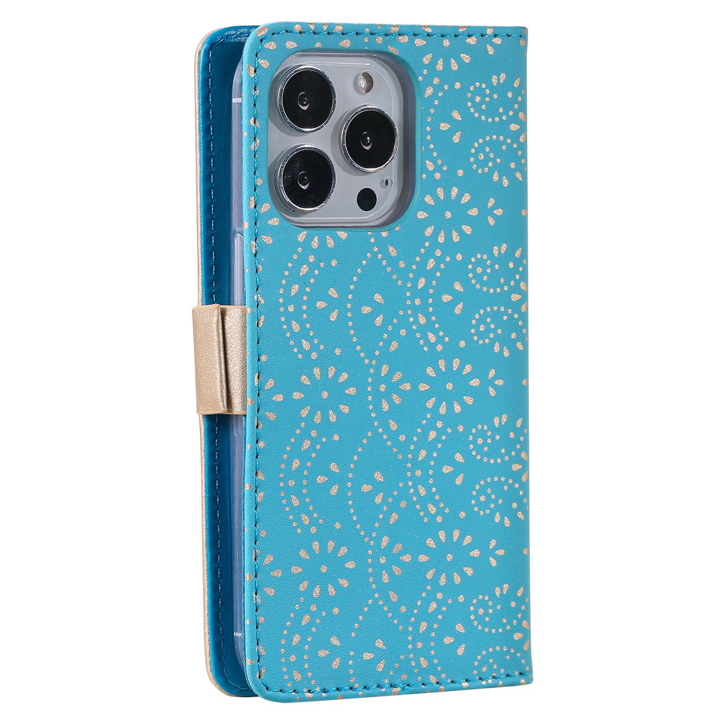 Stand Shell for iPhone 15 Pro Zipper Wallet Lace Flower Pattern Leather Phone Case with Bowknot Wrist Strap - Blue