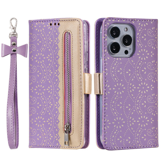 Stand Shell for iPhone 15 Pro Zipper Wallet Lace Flower Pattern Leather Phone Case with Bowknot Wrist Strap - Purple