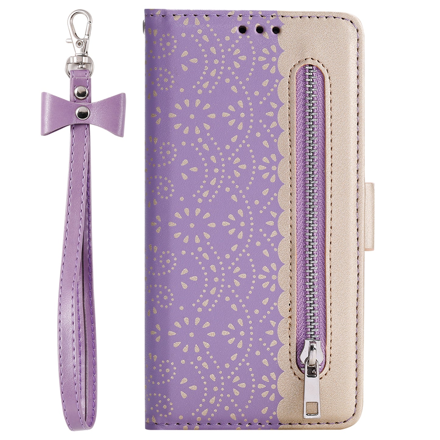 Stand Shell for iPhone 15 Pro Zipper Wallet Lace Flower Pattern Leather Phone Case with Bowknot Wrist Strap - Purple