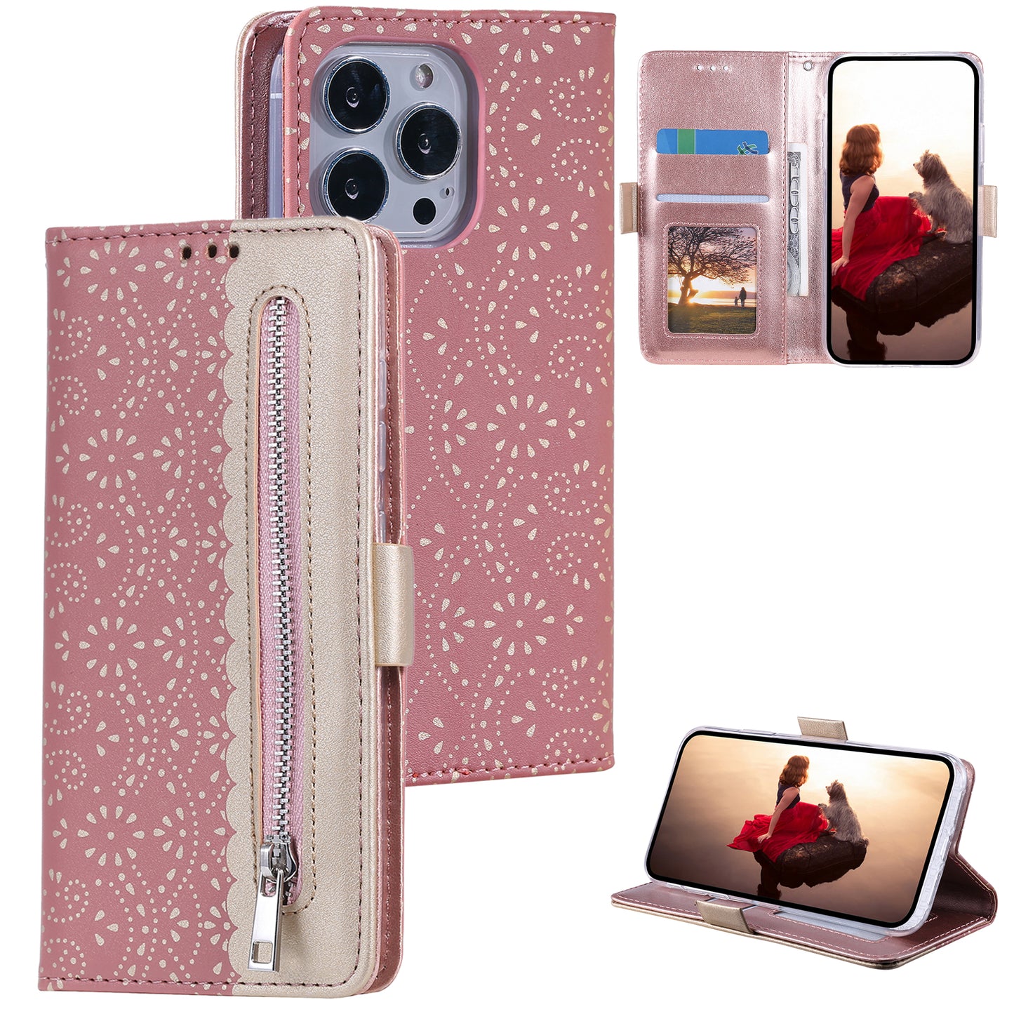 Stand Shell for iPhone 15 Pro Zipper Wallet Lace Flower Pattern Leather Phone Case with Bowknot Wrist Strap - Rose Gold