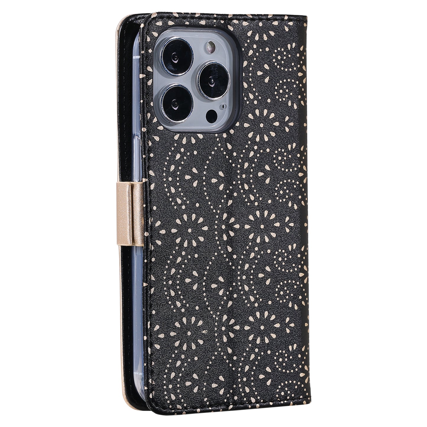 Stand Shell for iPhone 15 Pro Zipper Wallet Lace Flower Pattern Leather Phone Case with Bowknot Wrist Strap - Black