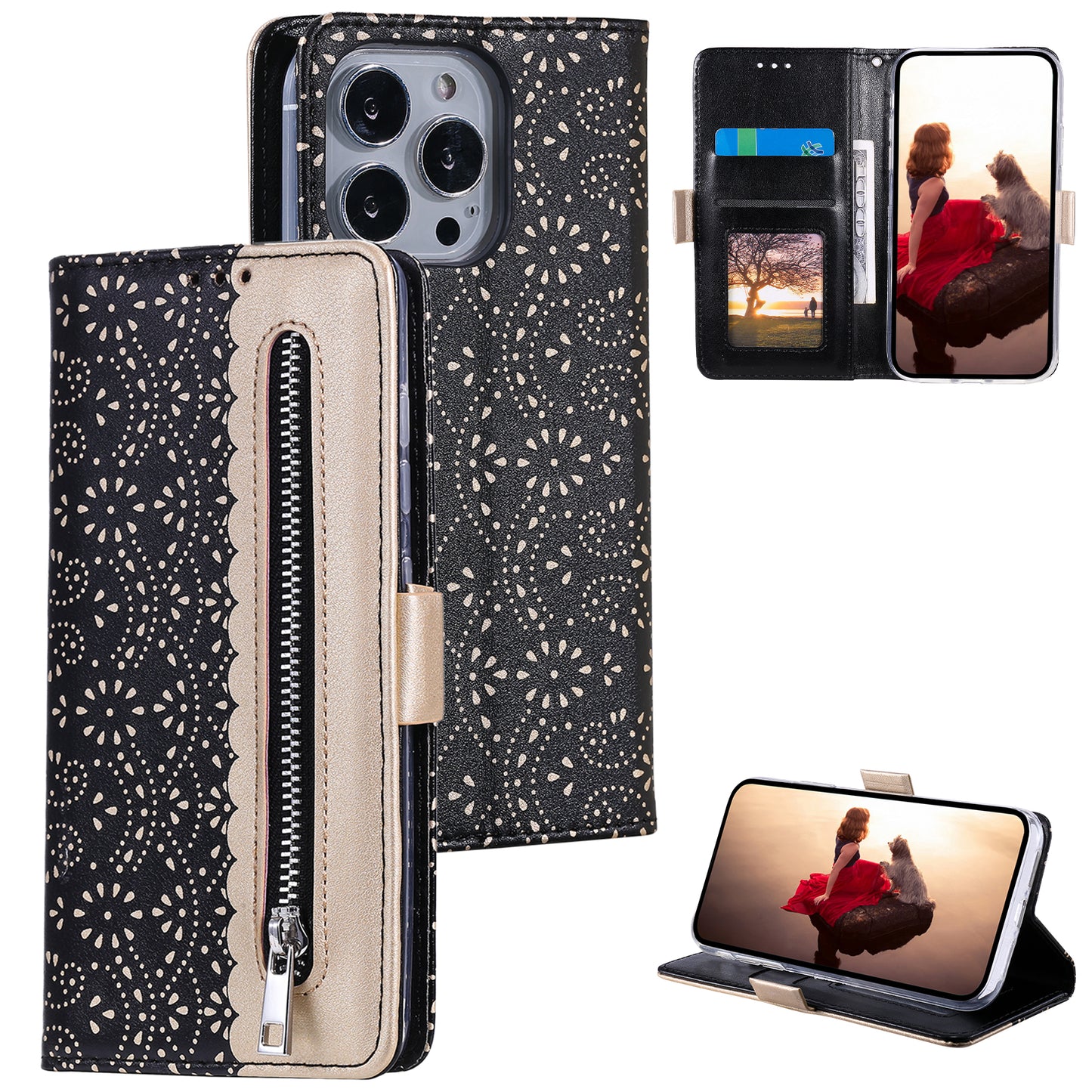 Stand Shell for iPhone 15 Pro Zipper Wallet Lace Flower Pattern Leather Phone Case with Bowknot Wrist Strap - Black