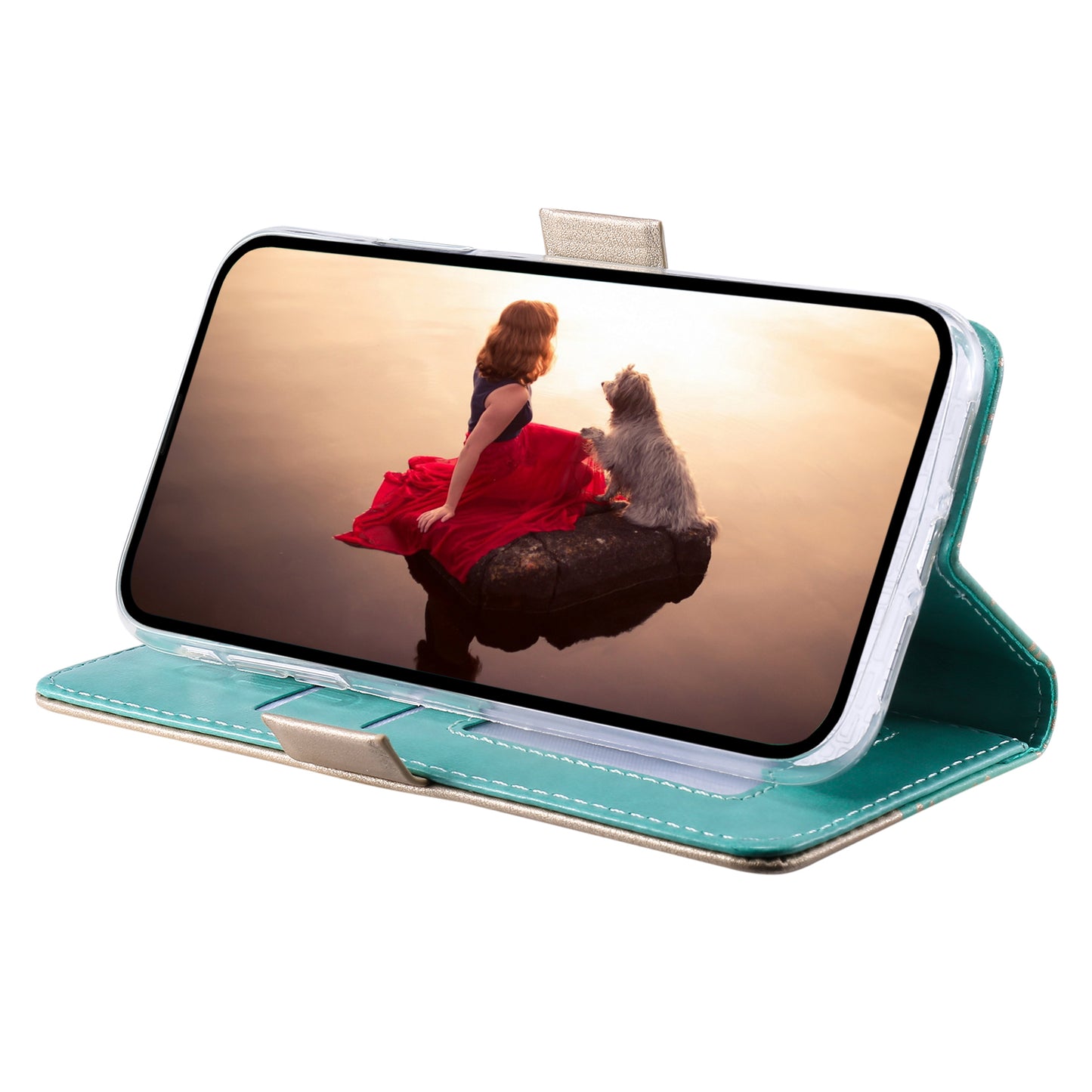 Stand Shell for iPhone 15 Pro Zipper Wallet Lace Flower Pattern Leather Phone Case with Bowknot Wrist Strap - Green