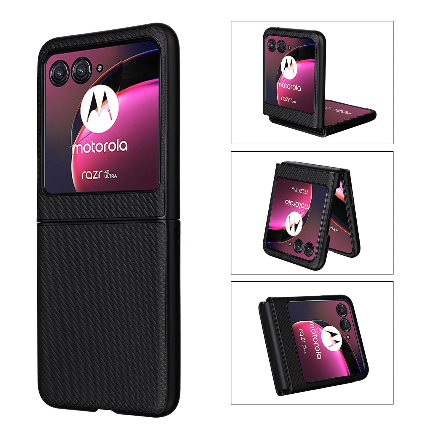 Uniqkart for Motorola Razr 40 Ultra 5G Carbon Fiber Texture Phone Case PU Leather Coated PC Cover - Black