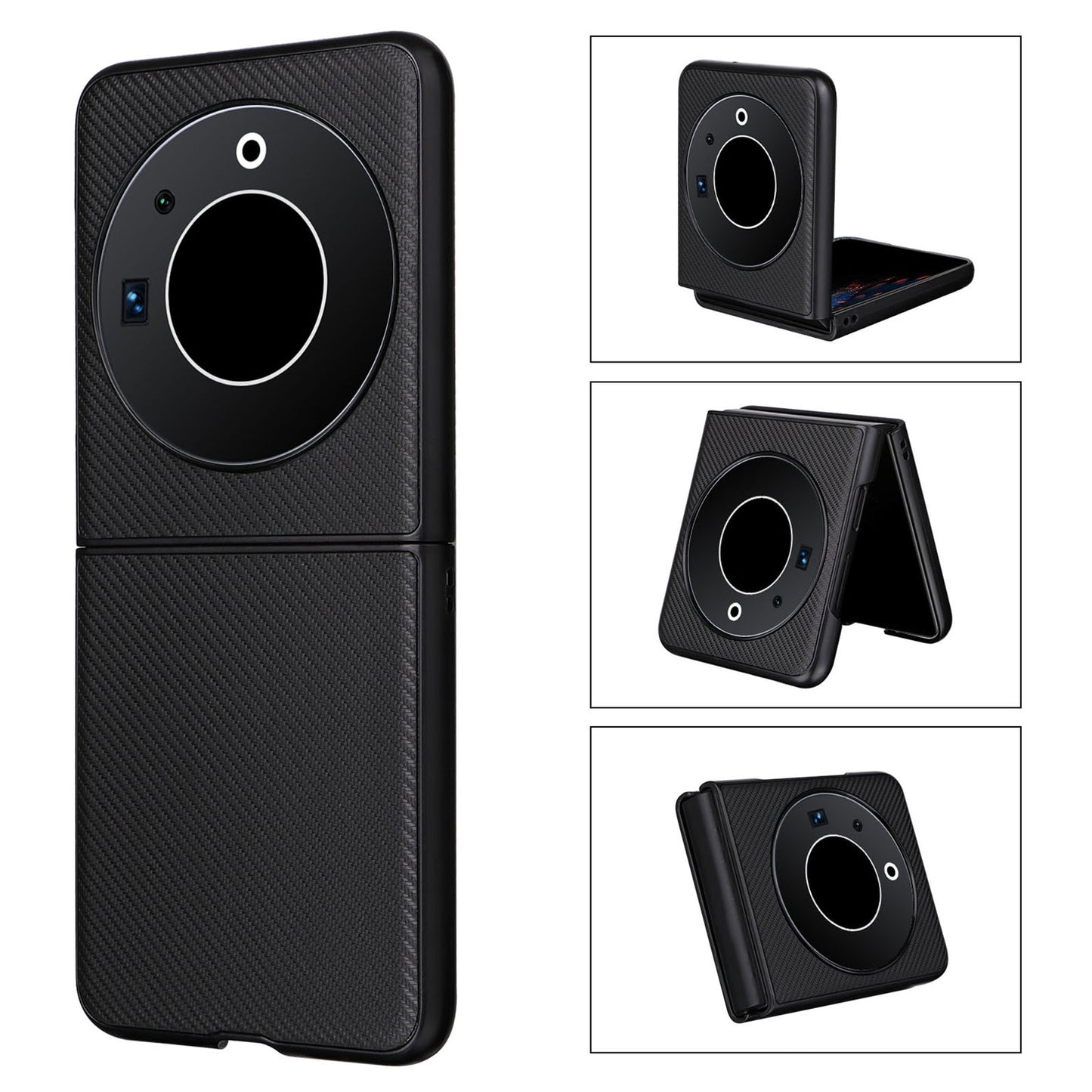 Uniqkart for Tecno Phantom V Flip Carbon Fiber Texture Case PU Leather Coated PC Anti-drop Phone Cover - Black