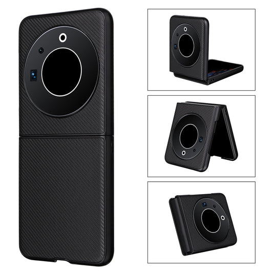 Uniqkart for Tecno Phantom V Flip Carbon Fiber Texture Case PU Leather Coated PC Anti-drop Phone Cover - Black