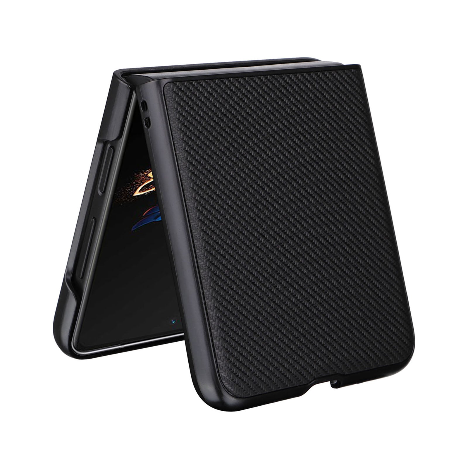 Uniqkart for Tecno Phantom V Flip Carbon Fiber Texture Case PU Leather Coated PC Anti-drop Phone Cover - Black