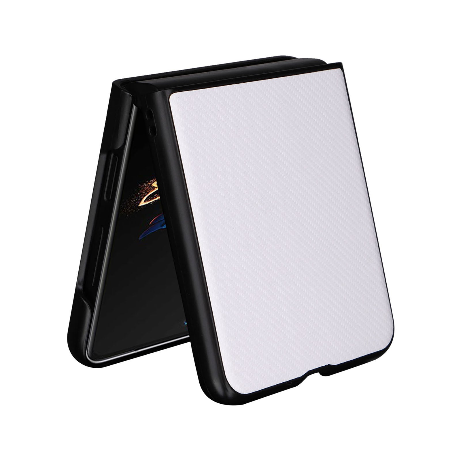 Uniqkart for Tecno Phantom V Flip Carbon Fiber Texture Case PU Leather Coated PC Anti-drop Phone Cover - White