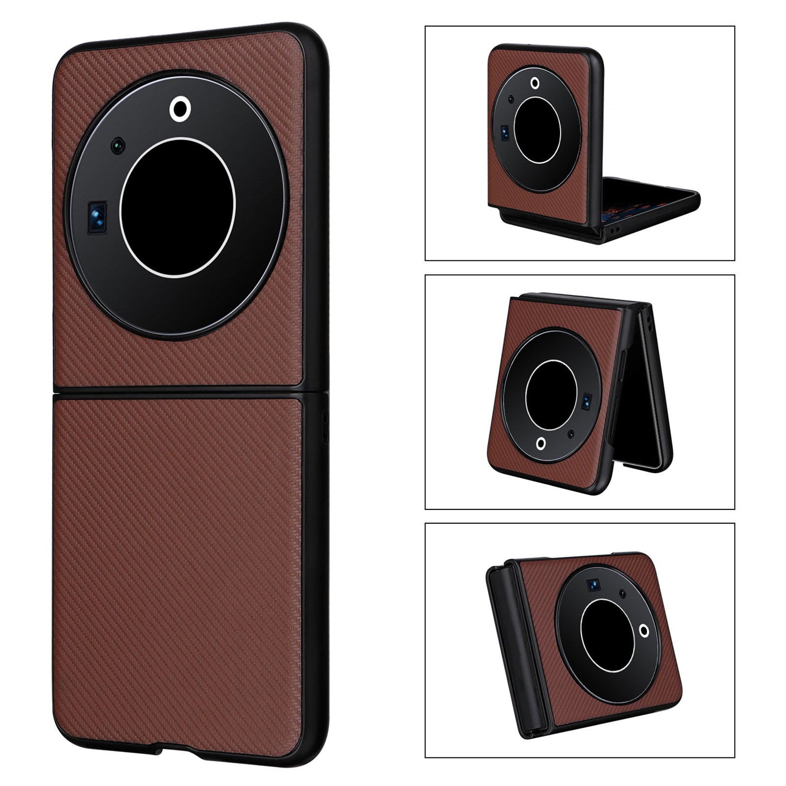 Uniqkart for Tecno Phantom V Flip Carbon Fiber Texture Case PU Leather Coated PC Anti-drop Phone Cover - Brown