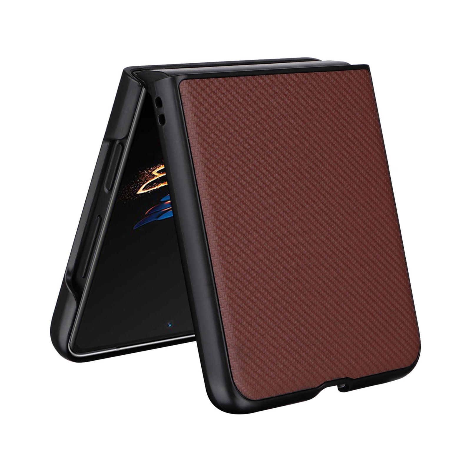 Uniqkart for Tecno Phantom V Flip Carbon Fiber Texture Case PU Leather Coated PC Anti-drop Phone Cover - Brown