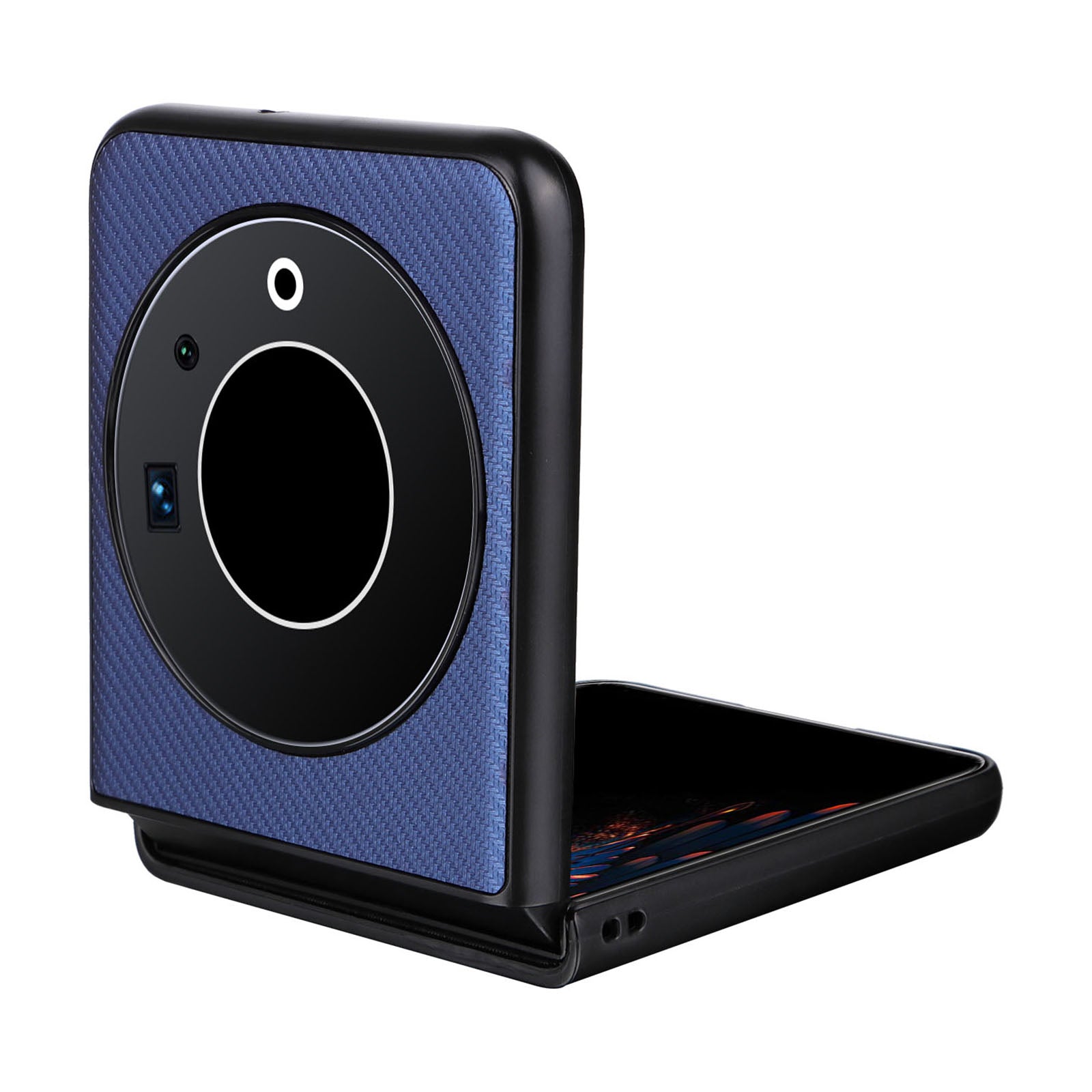 Uniqkart for Tecno Phantom V Flip Carbon Fiber Texture Case PU Leather Coated PC Anti-drop Phone Cover - Blue