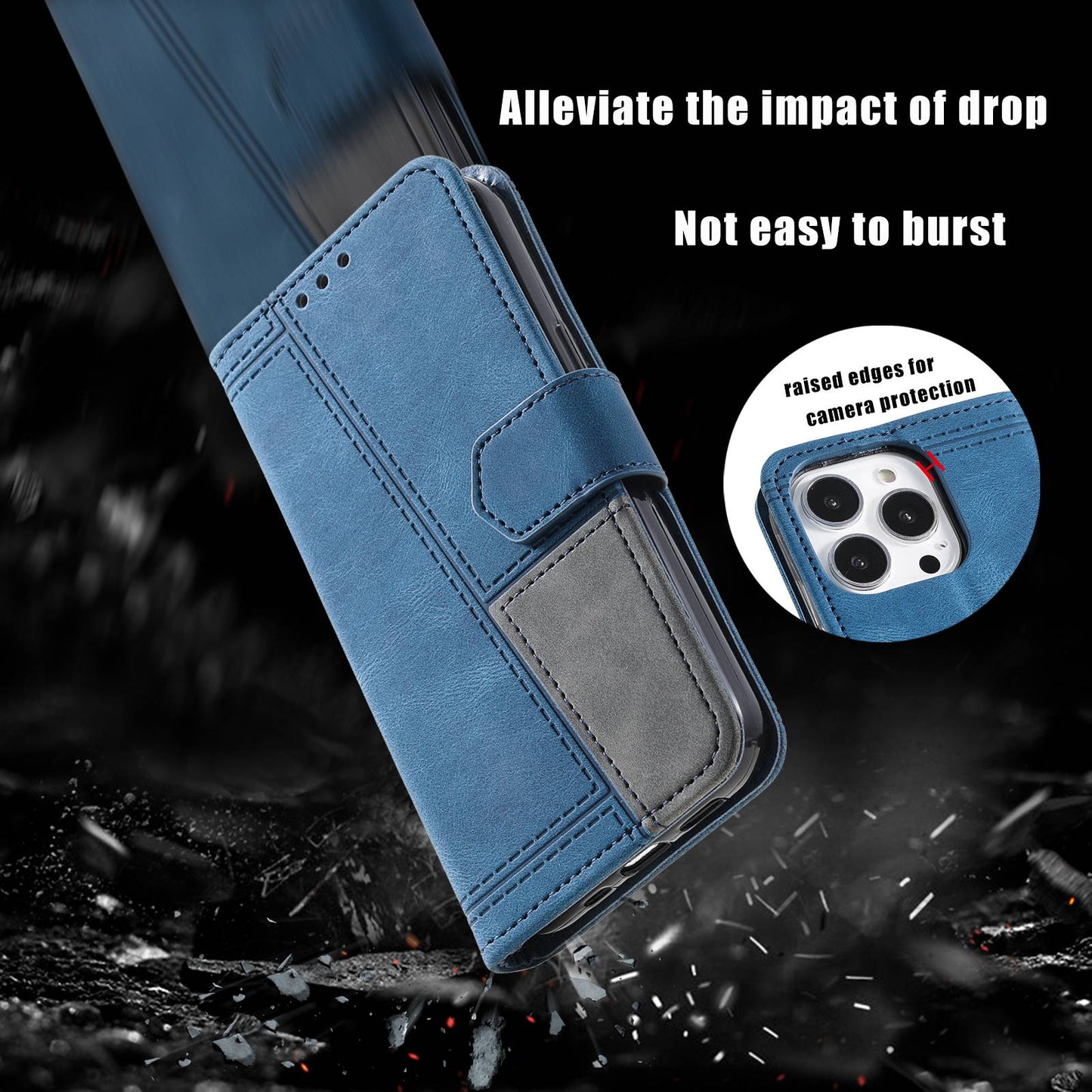Uniqkart For iPhone 15 Pro Style 004 Wrist Strap Design Splicing Skin-touch Leather Case RFID Blocking Wallet Stand Cover - Blue