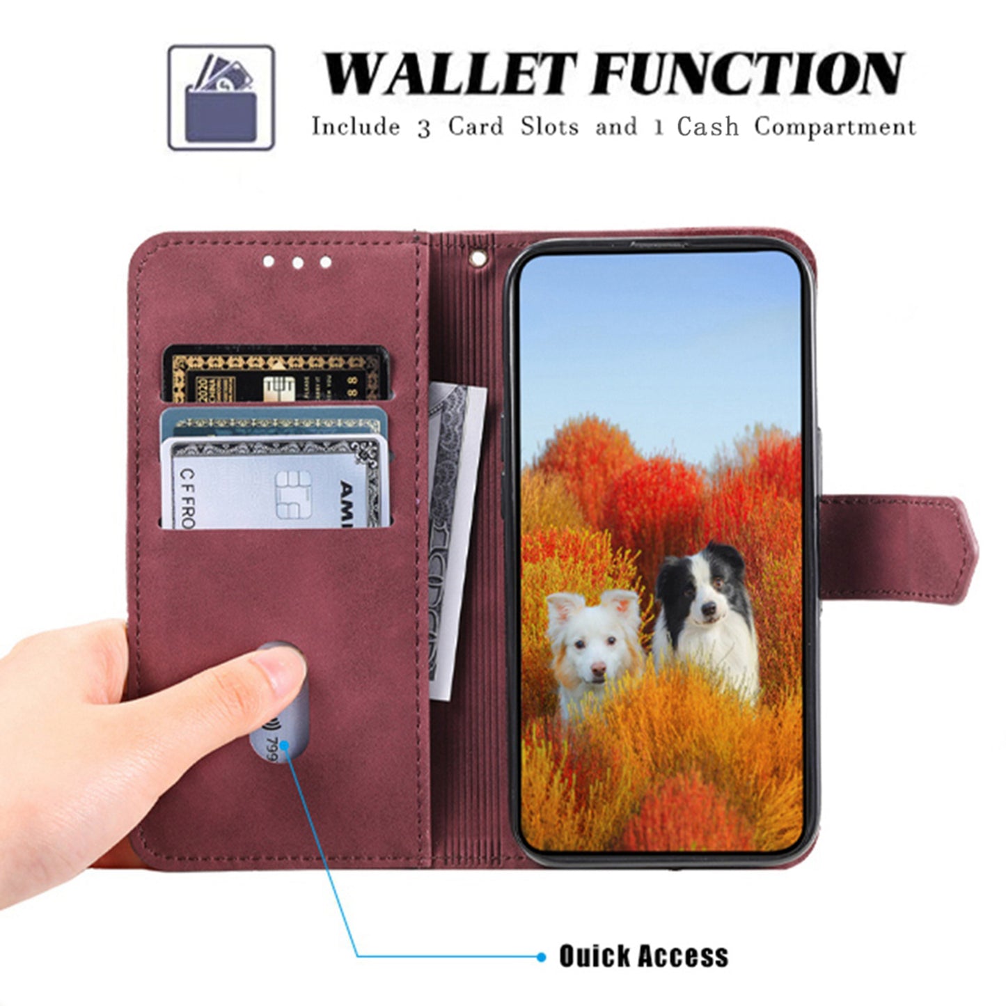 Uniqkart For iPhone 15 Pro Style 004 Wrist Strap Design Splicing Skin-touch Leather Case RFID Blocking Wallet Stand Cover - Red