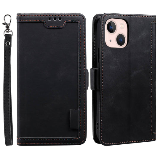 Uniqkart for iPhone 15 Vintage Leather Phone Case Wallet Stand Color Splicing Cover with Wrist Strap - Black