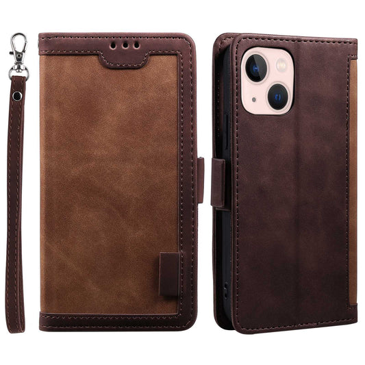 Uniqkart for iPhone 15 Vintage Leather Phone Case Wallet Stand Color Splicing Cover with Wrist Strap - Brown