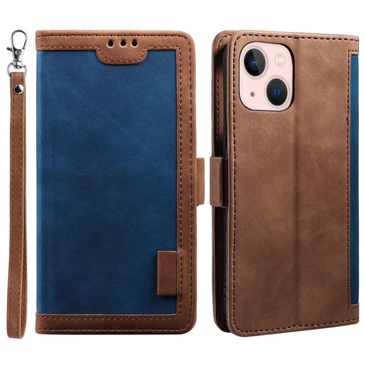 Uniqkart for iPhone 15 Vintage Leather Phone Case Wallet Stand Color Splicing Cover with Wrist Strap - Blue