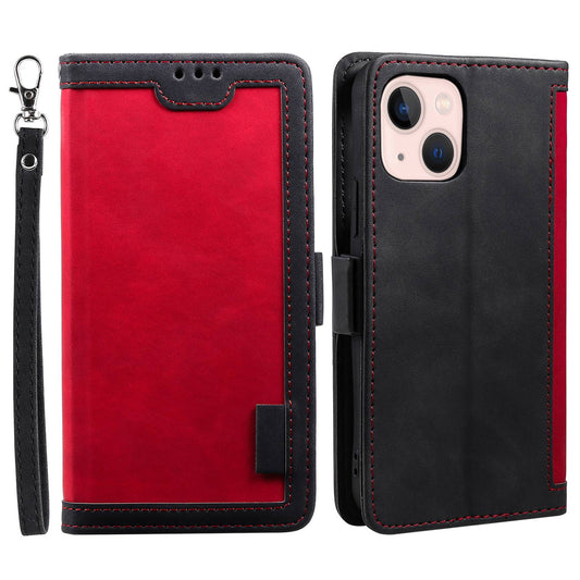 Uniqkart for iPhone 15 Vintage Leather Phone Case Wallet Stand Color Splicing Cover with Wrist Strap - Red