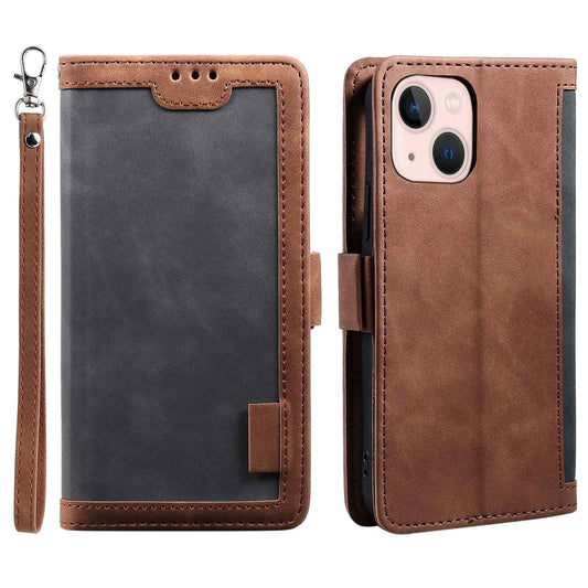 Uniqkart for iPhone 15 Vintage Leather Phone Case Wallet Stand Color Splicing Cover with Wrist Strap - Grey