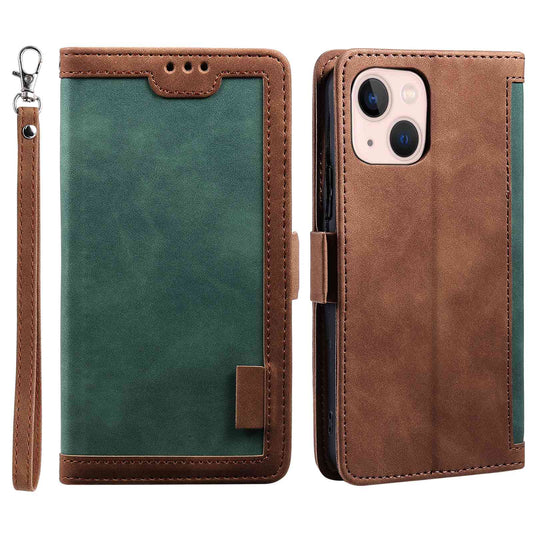 Uniqkart for iPhone 15 Vintage Leather Phone Case Wallet Stand Color Splicing Cover with Wrist Strap - Green