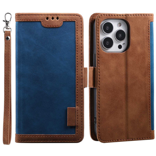 Uniqkart for iPhone 15 Ultra PU Leather Retro Case Color Splicing Stand Wallet Flip Cover with Wrist Strap - Blue