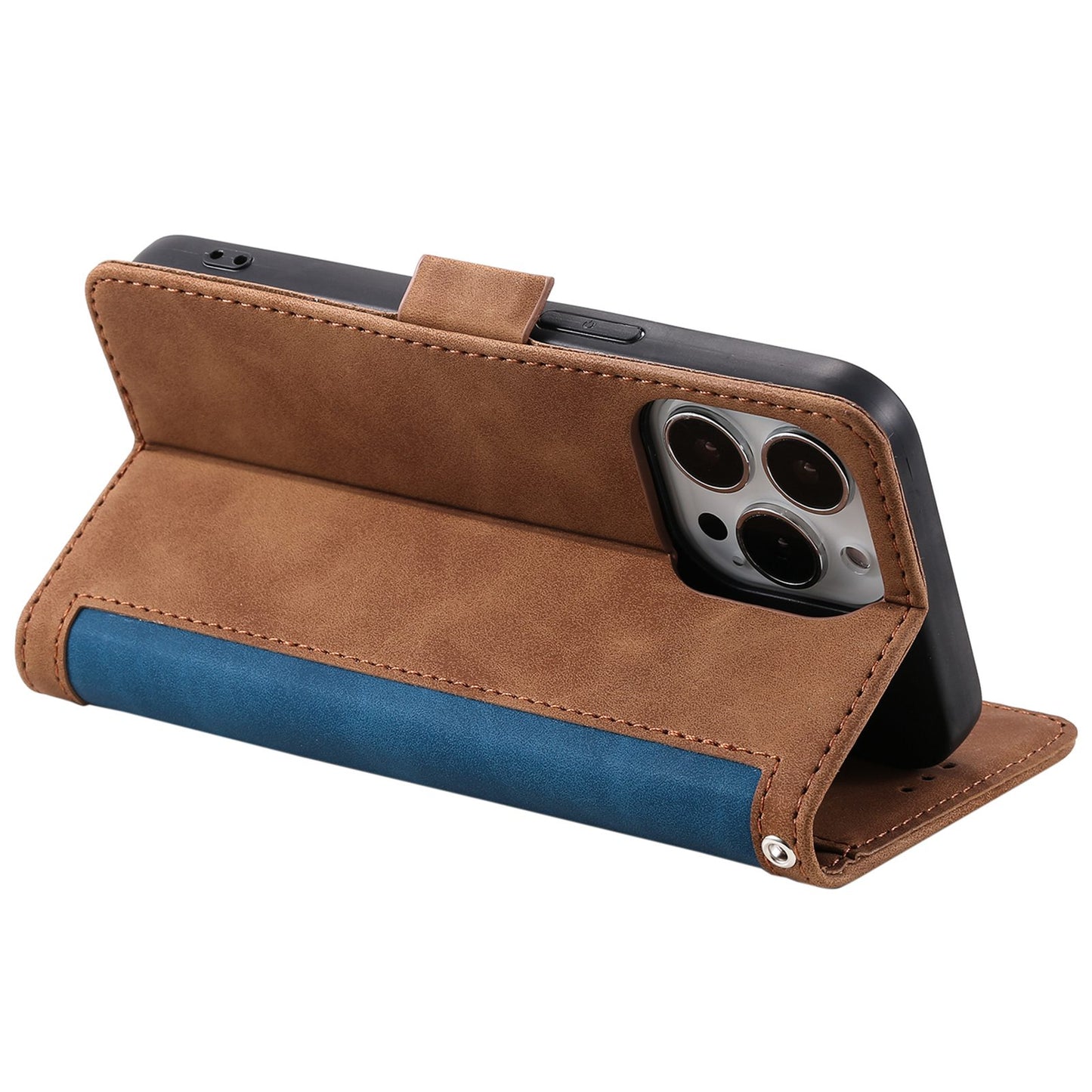 Uniqkart for iPhone 15 Ultra PU Leather Retro Case Color Splicing Stand Wallet Flip Cover with Wrist Strap - Blue
