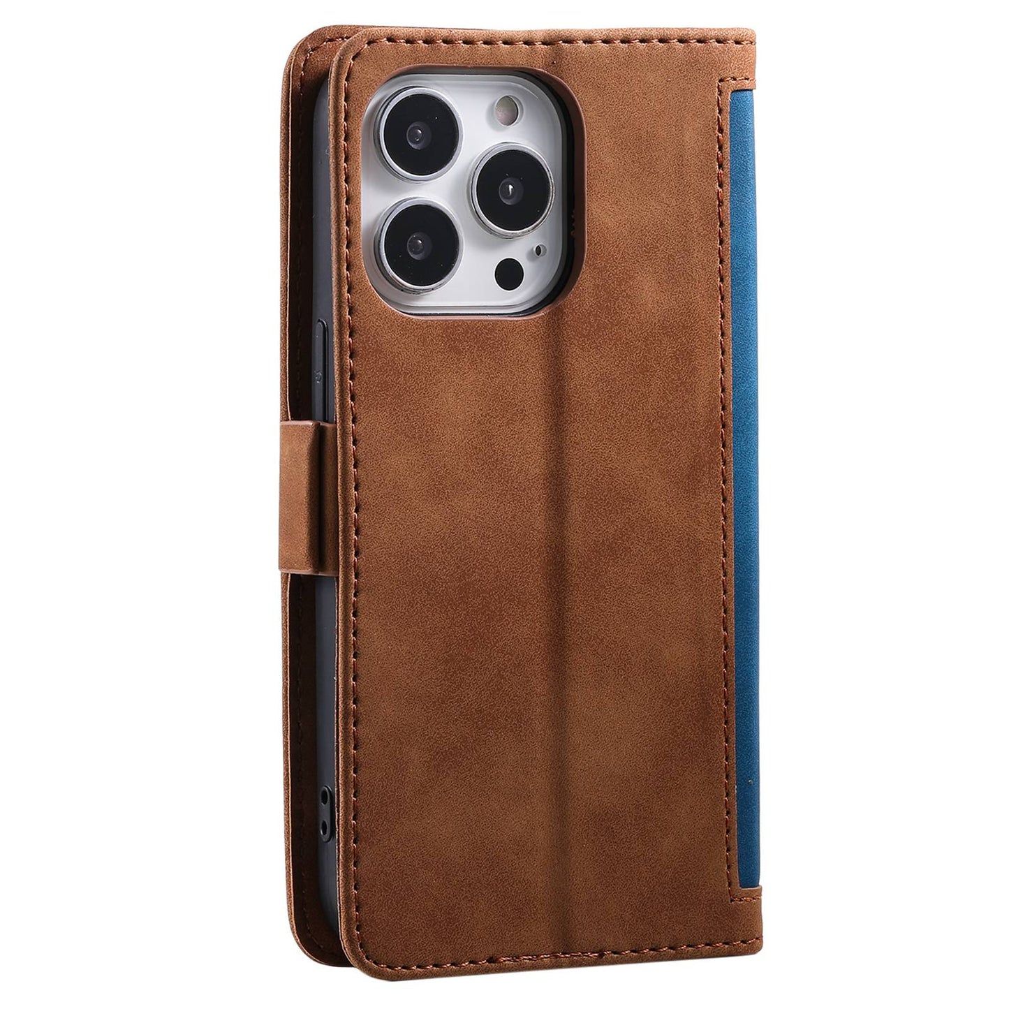 Uniqkart for iPhone 15 Ultra PU Leather Retro Case Color Splicing Stand Wallet Flip Cover with Wrist Strap - Blue