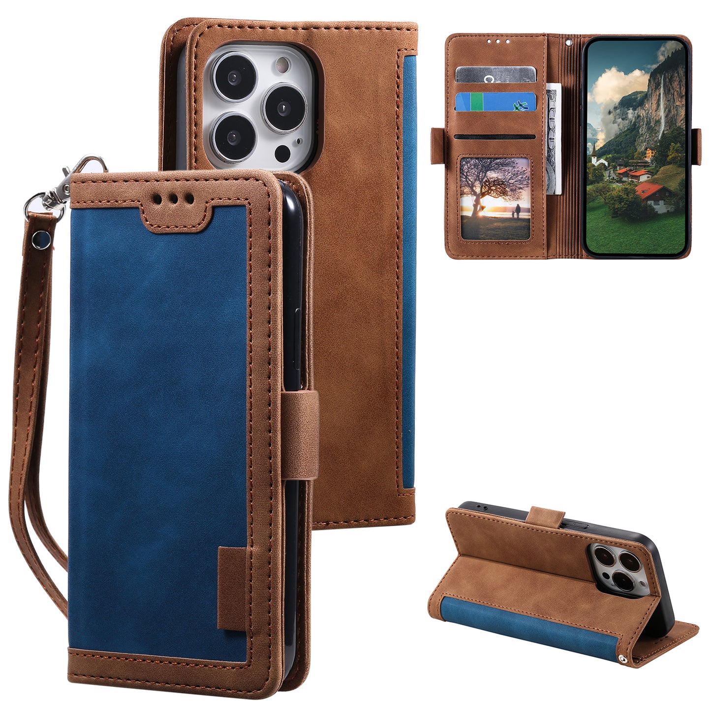 Uniqkart for iPhone 15 Ultra PU Leather Retro Case Color Splicing Stand Wallet Flip Cover with Wrist Strap - Blue