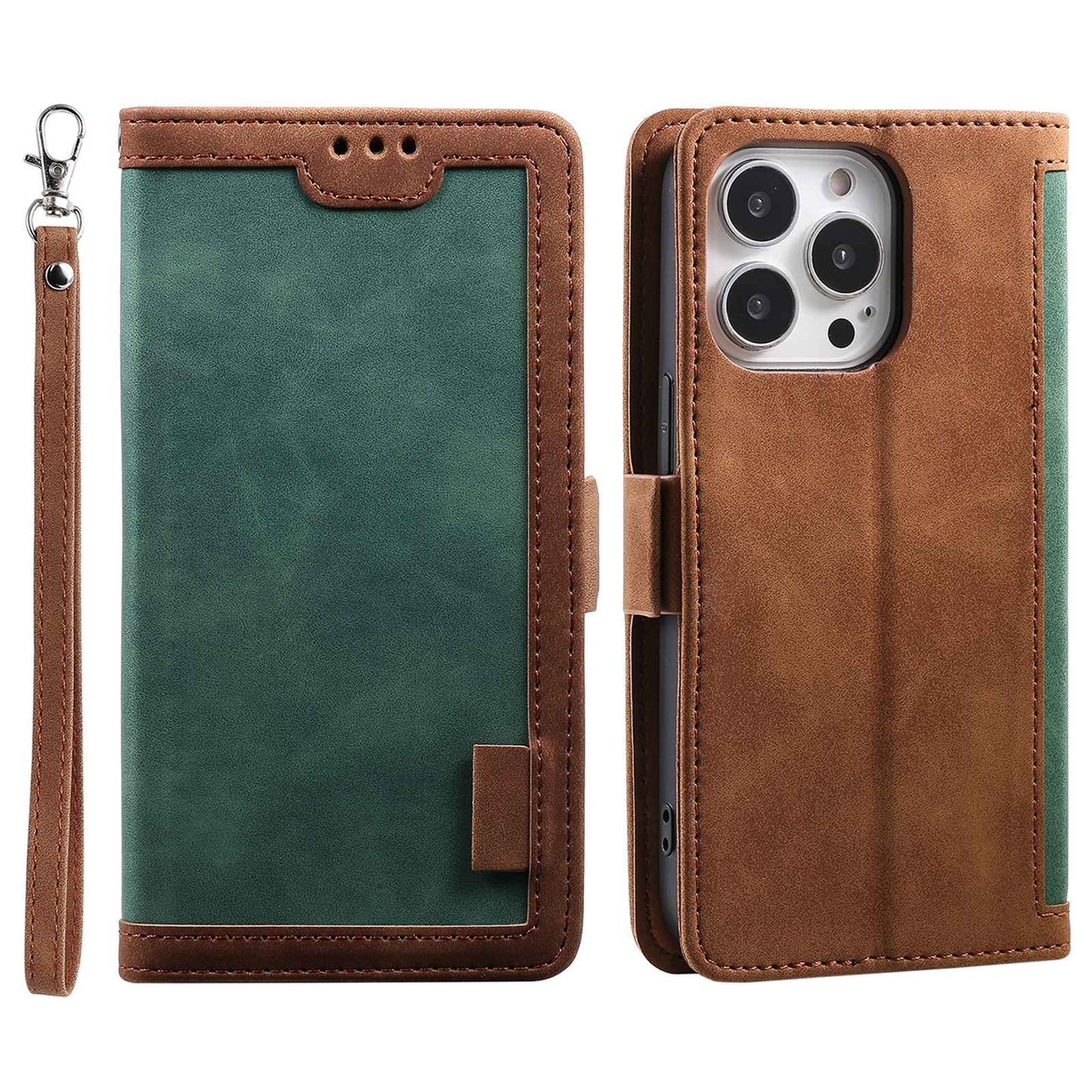 Uniqkart for iPhone 15 Ultra PU Leather Retro Case Color Splicing Stand Wallet Flip Cover with Wrist Strap - Green