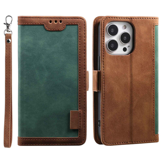 Uniqkart for iPhone 15 Ultra PU Leather Retro Case Color Splicing Stand Wallet Flip Cover with Wrist Strap - Green