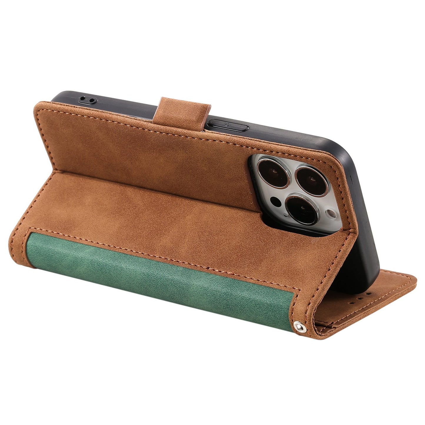 Uniqkart for iPhone 15 Ultra PU Leather Retro Case Color Splicing Stand Wallet Flip Cover with Wrist Strap - Green