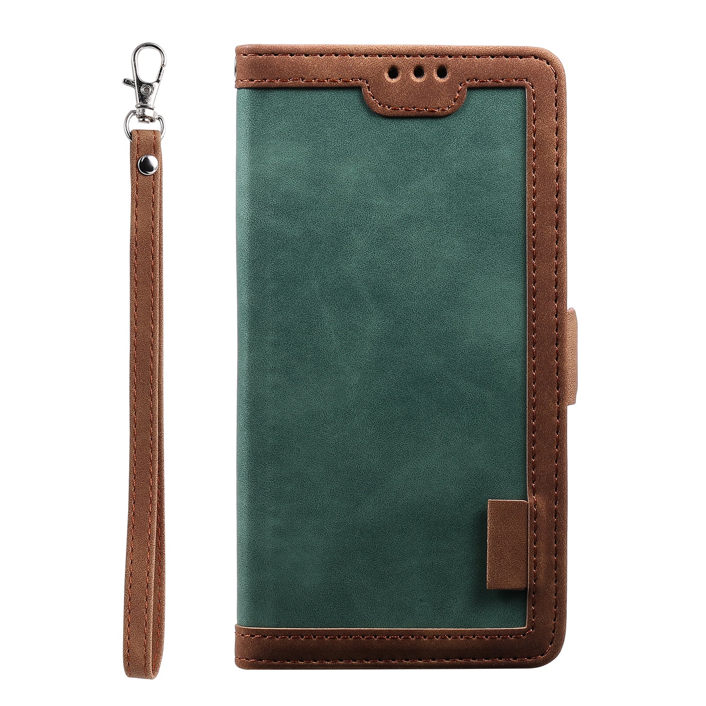 Uniqkart for iPhone 15 Ultra PU Leather Retro Case Color Splicing Stand Wallet Flip Cover with Wrist Strap - Green