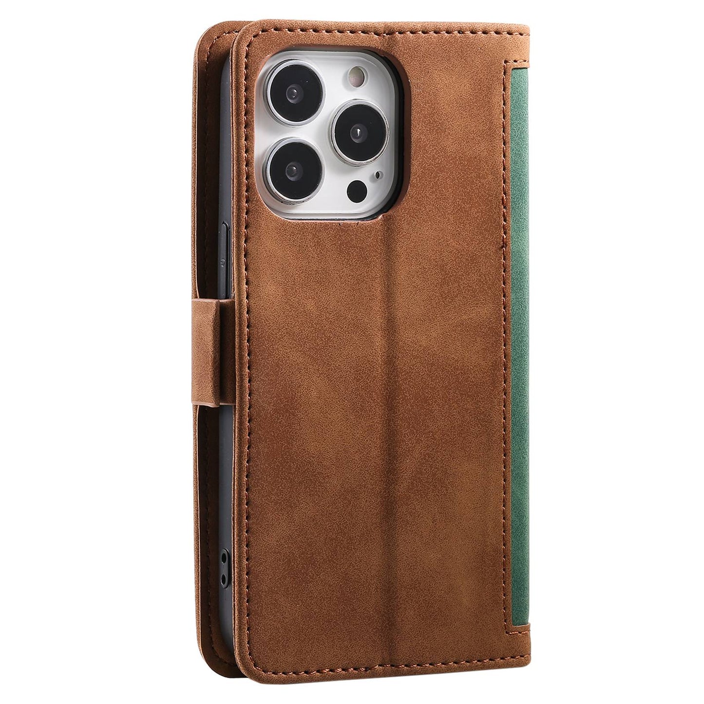 Uniqkart for iPhone 15 Ultra PU Leather Retro Case Color Splicing Stand Wallet Flip Cover with Wrist Strap - Green