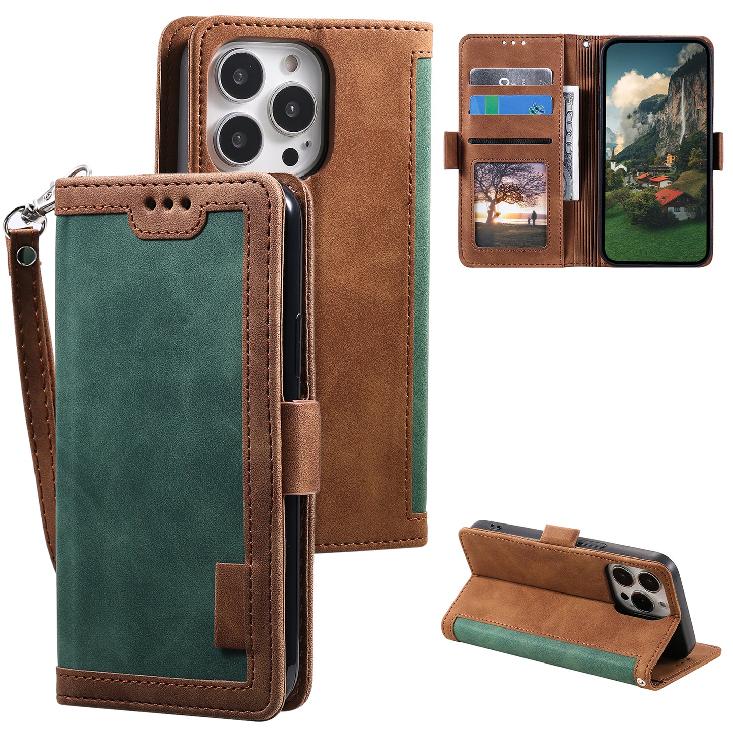 Uniqkart for iPhone 15 Ultra PU Leather Retro Case Color Splicing Stand Wallet Flip Cover with Wrist Strap - Green
