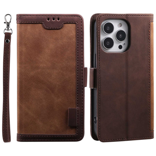 Uniqkart for iPhone 15 Ultra PU Leather Retro Case Color Splicing Stand Wallet Flip Cover with Wrist Strap - Brown