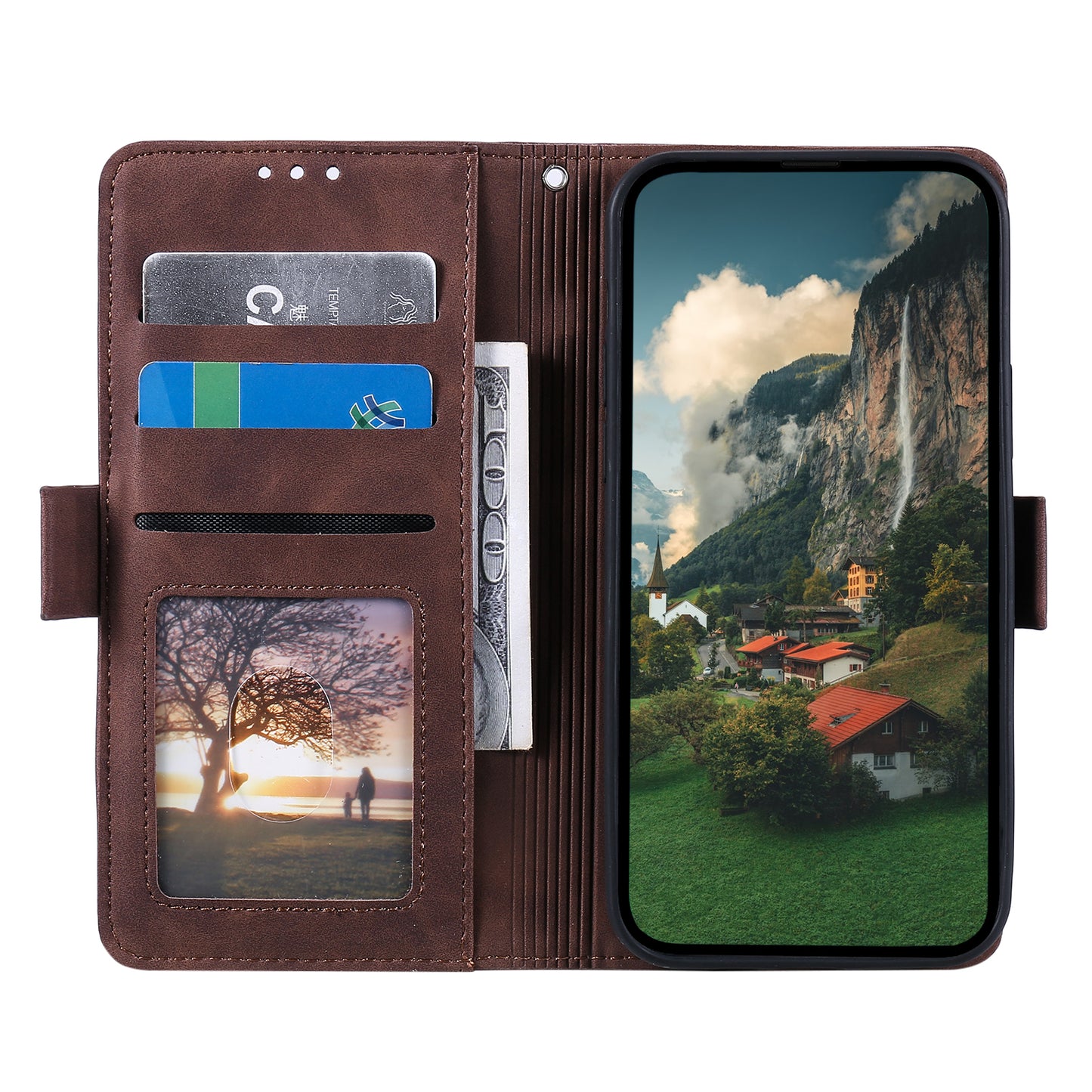 Uniqkart for iPhone 15 Ultra PU Leather Retro Case Color Splicing Stand Wallet Flip Cover with Wrist Strap - Brown