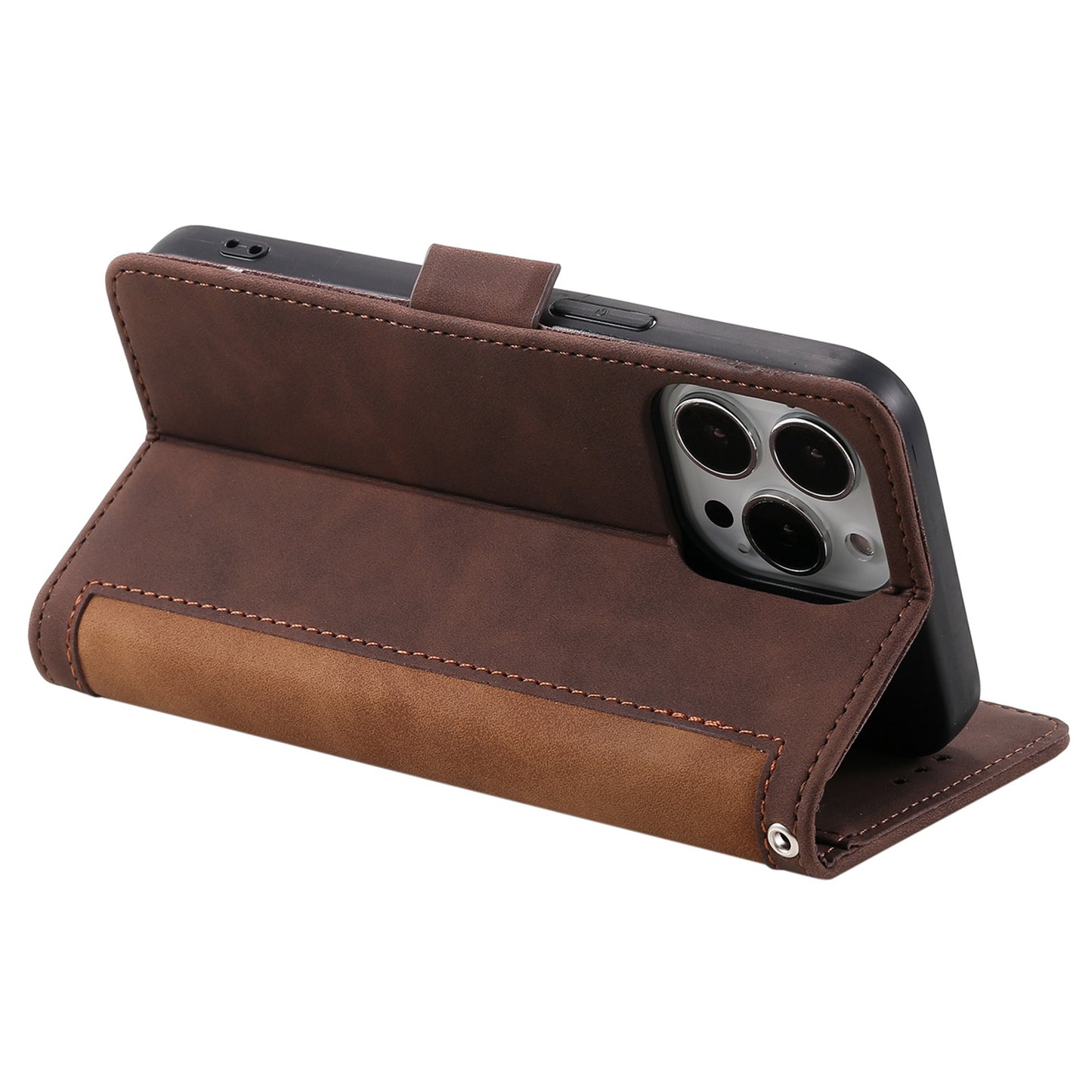 Uniqkart for iPhone 15 Ultra PU Leather Retro Case Color Splicing Stand Wallet Flip Cover with Wrist Strap - Brown