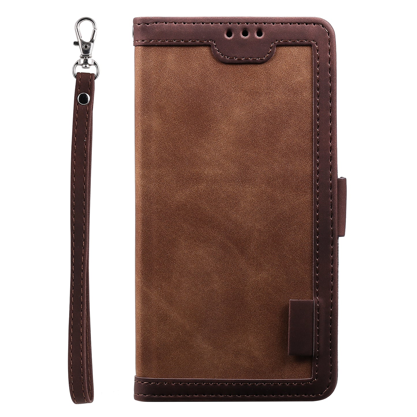 Uniqkart for iPhone 15 Ultra PU Leather Retro Case Color Splicing Stand Wallet Flip Cover with Wrist Strap - Brown