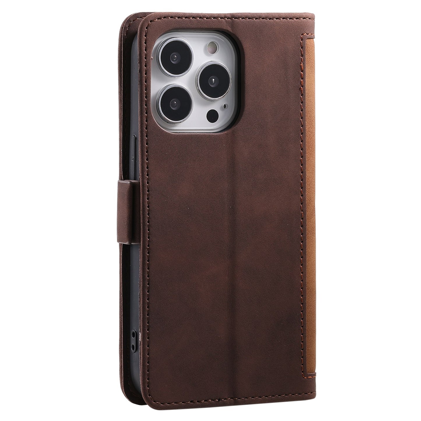Uniqkart for iPhone 15 Ultra PU Leather Retro Case Color Splicing Stand Wallet Flip Cover with Wrist Strap - Brown