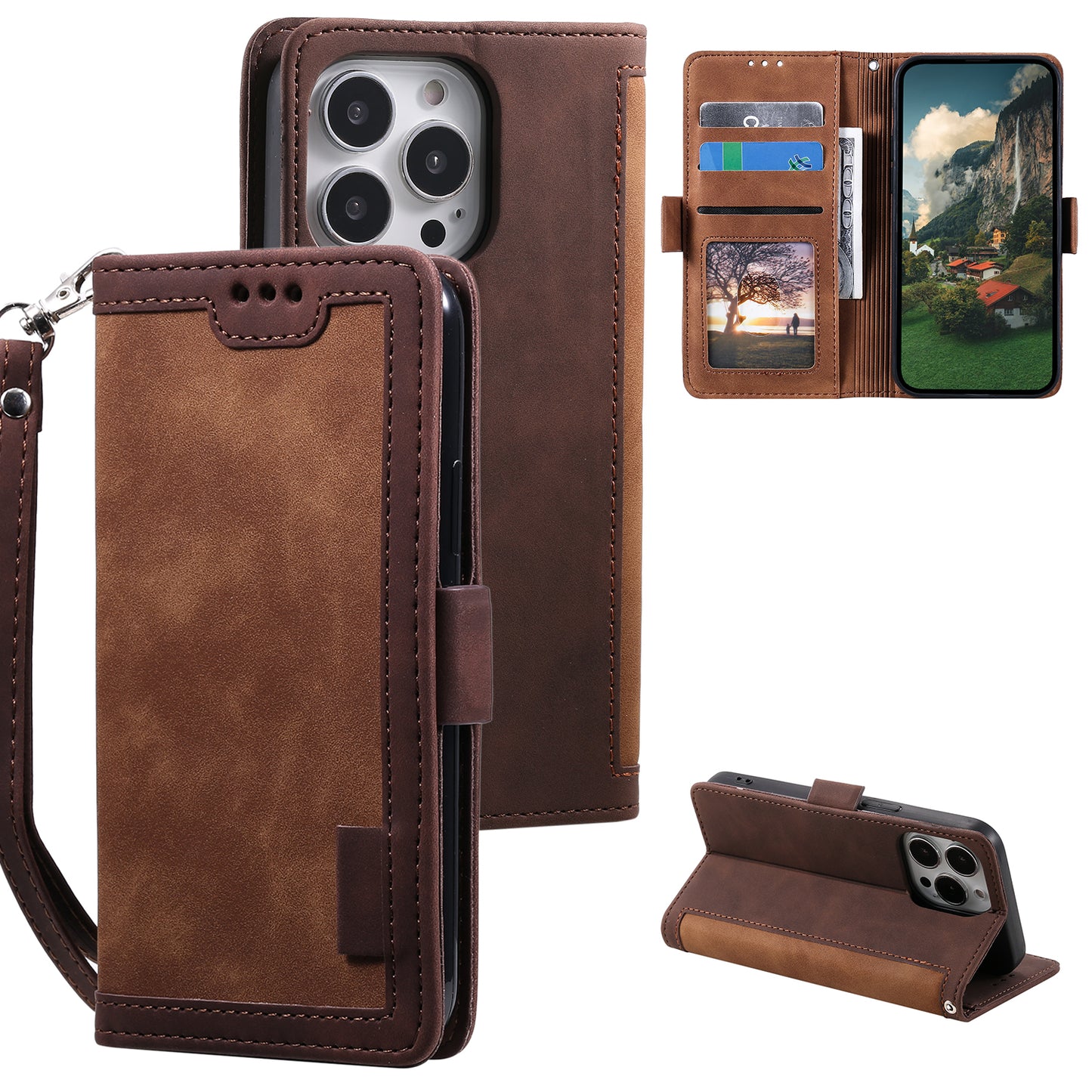 Uniqkart for iPhone 15 Ultra PU Leather Retro Case Color Splicing Stand Wallet Flip Cover with Wrist Strap - Brown