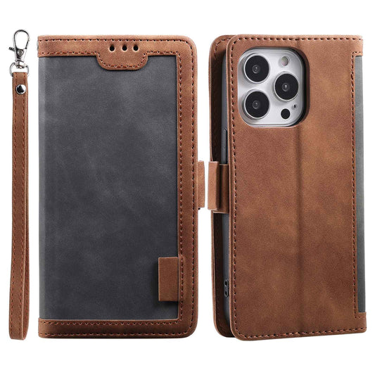 Uniqkart for iPhone 15 Ultra PU Leather Retro Case Color Splicing Stand Wallet Flip Cover with Wrist Strap - Grey