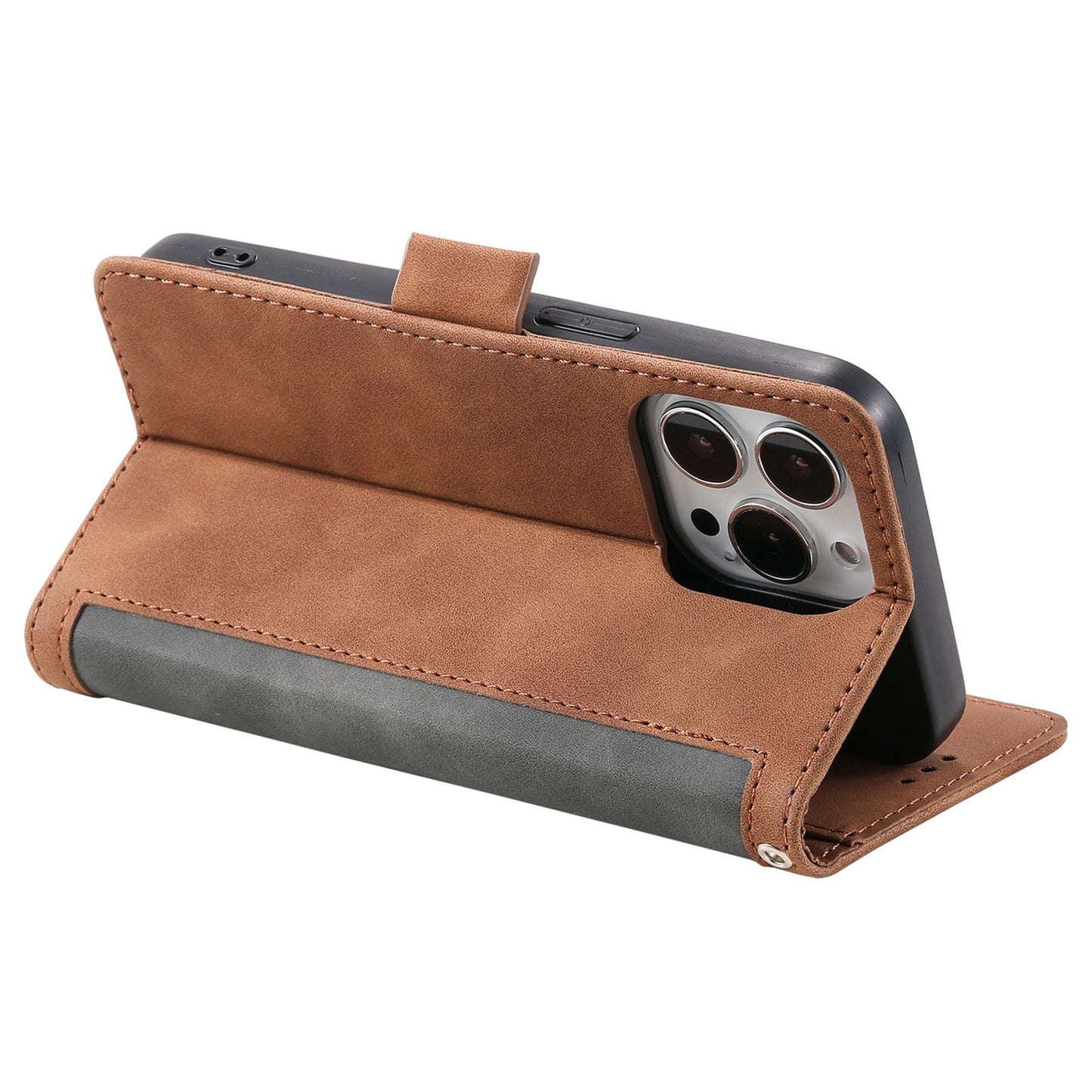 Uniqkart for iPhone 15 Ultra PU Leather Retro Case Color Splicing Stand Wallet Flip Cover with Wrist Strap - Grey