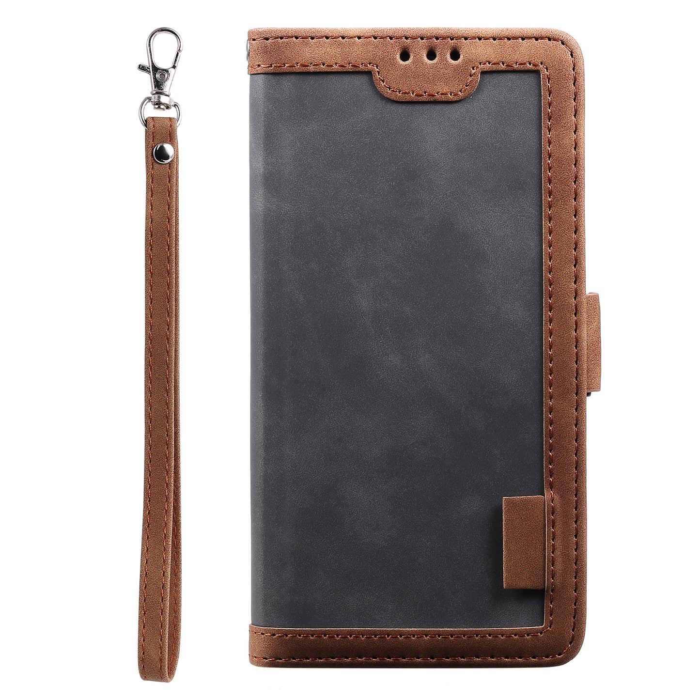Uniqkart for iPhone 15 Ultra PU Leather Retro Case Color Splicing Stand Wallet Flip Cover with Wrist Strap - Grey