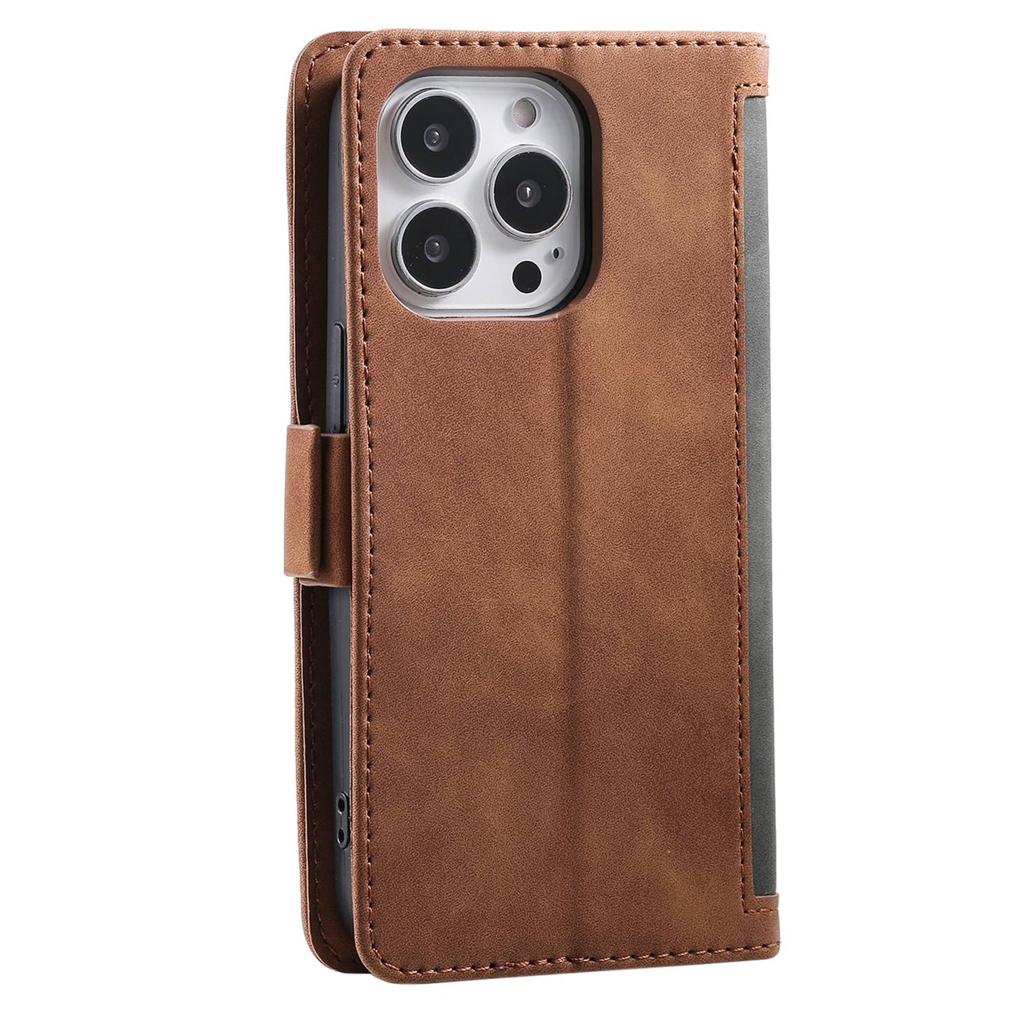 Uniqkart for iPhone 15 Ultra PU Leather Retro Case Color Splicing Stand Wallet Flip Cover with Wrist Strap - Grey