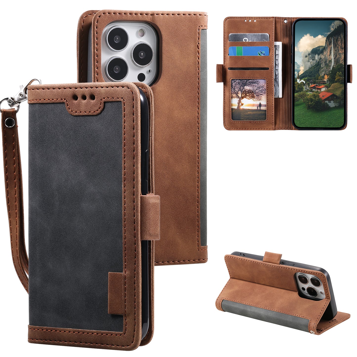 Uniqkart for iPhone 15 Ultra PU Leather Retro Case Color Splicing Stand Wallet Flip Cover with Wrist Strap - Grey