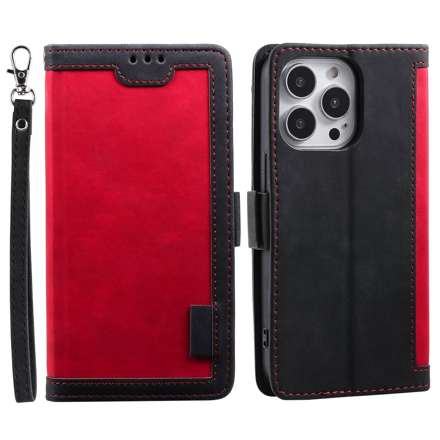 Uniqkart for iPhone 15 Ultra PU Leather Retro Case Color Splicing Stand Wallet Flip Cover with Wrist Strap - Red