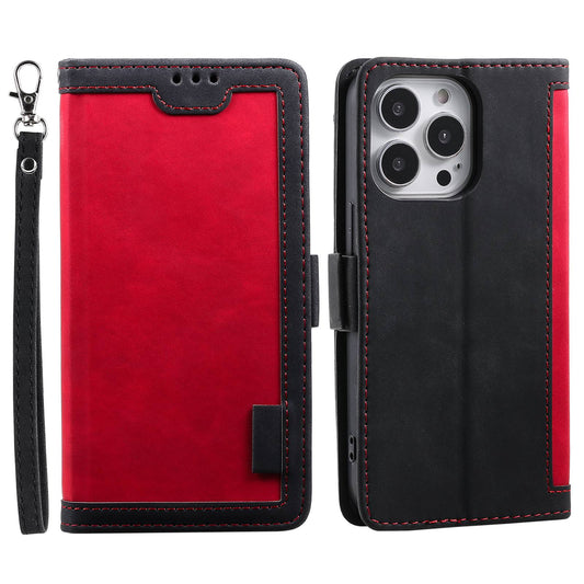 Uniqkart for iPhone 15 Ultra PU Leather Retro Case Color Splicing Stand Wallet Flip Cover with Wrist Strap - Red