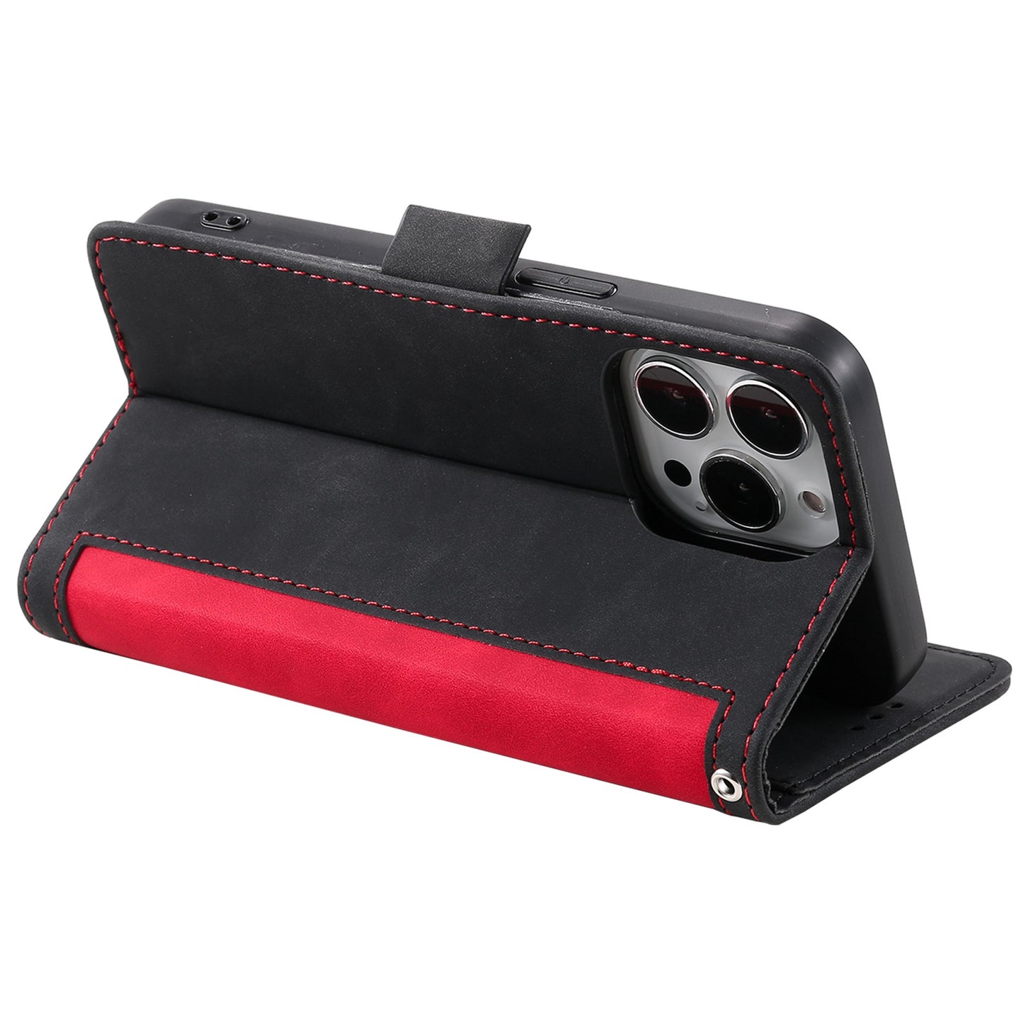 Uniqkart for iPhone 15 Ultra PU Leather Retro Case Color Splicing Stand Wallet Flip Cover with Wrist Strap - Red